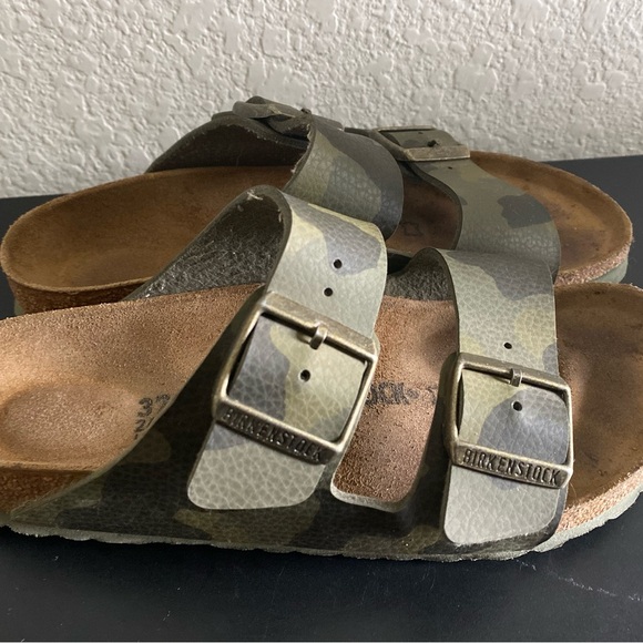 Birkenstock Camo Arizona Leather Sandals Adjustable Straps Cork Footbed Size 37 - Picture 3 of 14